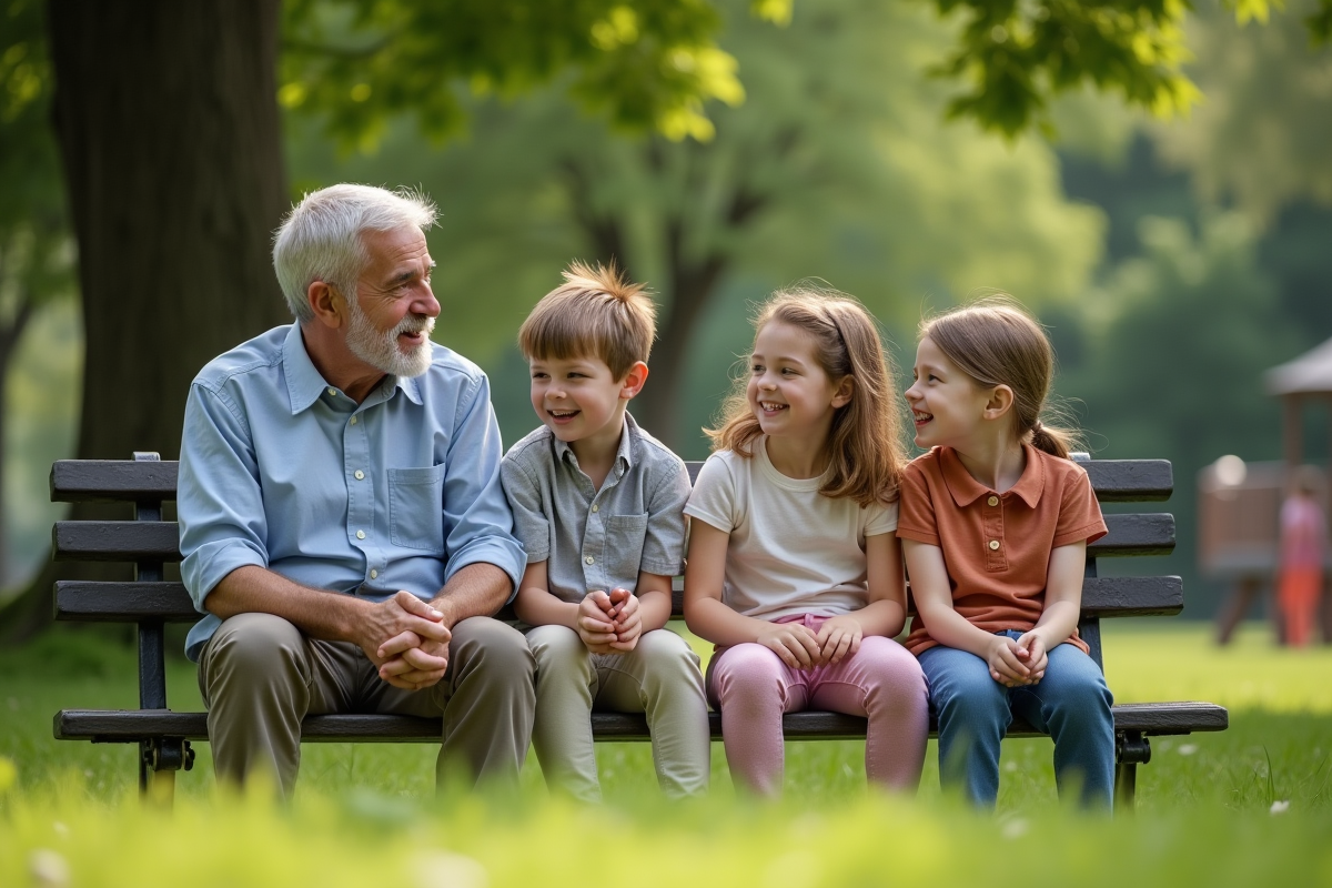 Père et ses enfants jouent dans un parc verdoyant