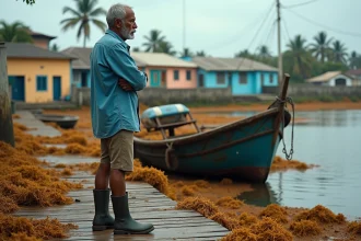 Pêcheur guadeloupéen debout sur un quai envahi par les algues sargasses, les bras croisés face à son bateau immobilisé dans le port