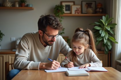 Père et fille faisant leurs devoirs à la maison