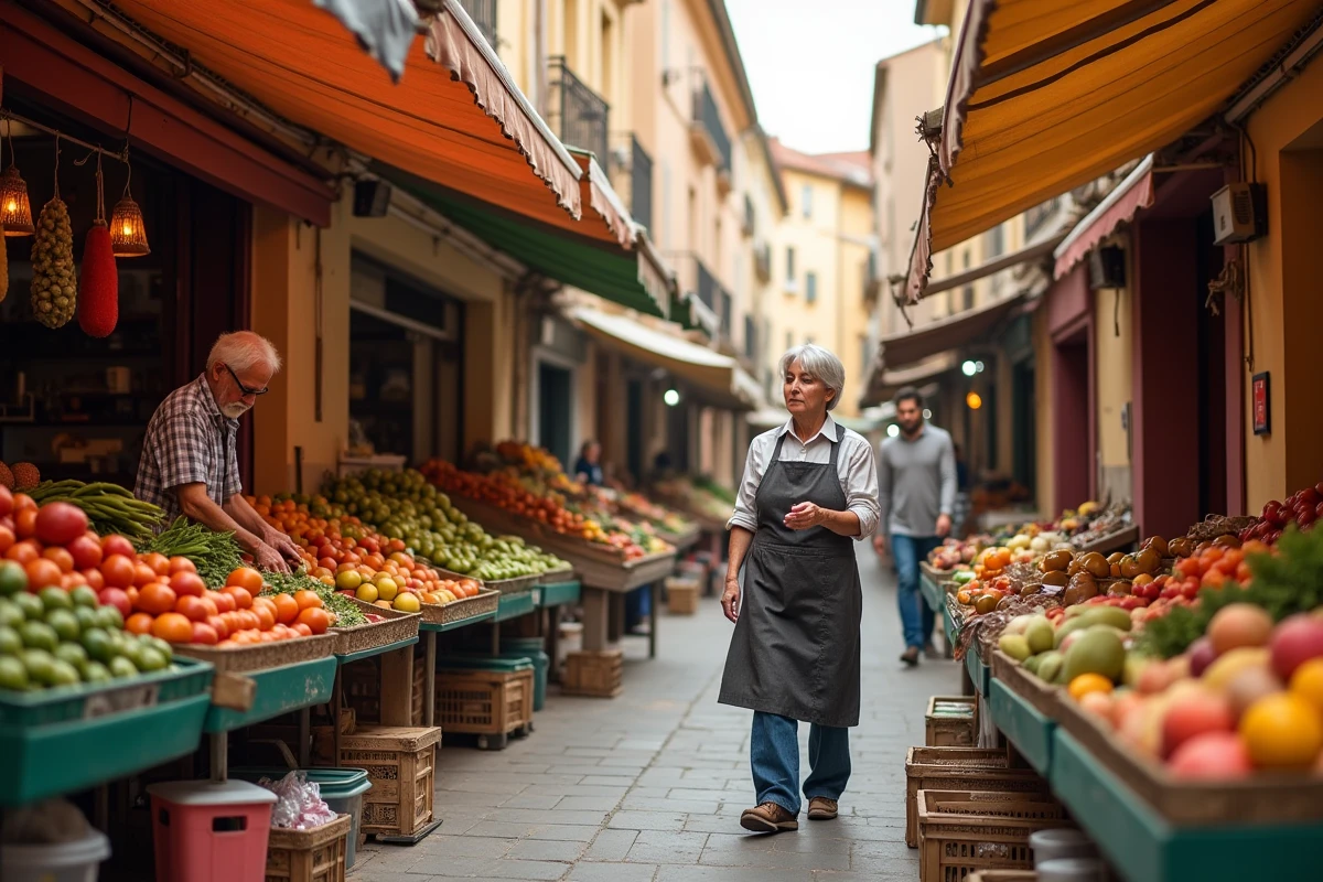 Marché de rue animé dans le quartier Saint-Jacques de Perpignan avec des étals de fruits et légumes sous des auvents en toile