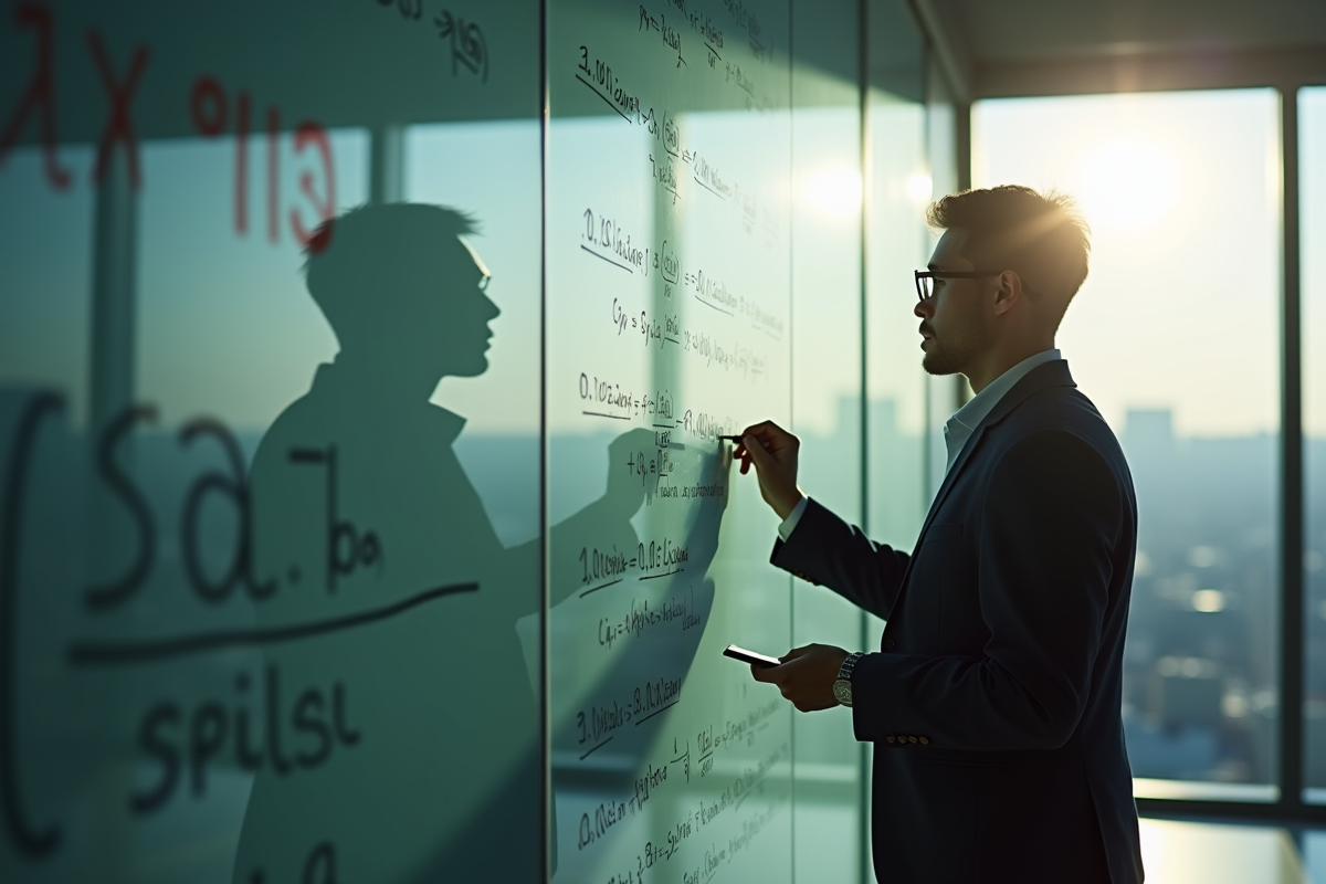 Personne écrivant des notes sur un tableau avec équations et code P1351