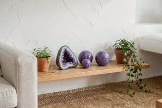 Pierre violette améthyste disposée en décoration feng shui sur une étagère en bois dans un salon minimaliste
