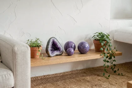 Pierre violette améthyste disposée en décoration feng shui sur une étagère en bois dans un salon minimaliste