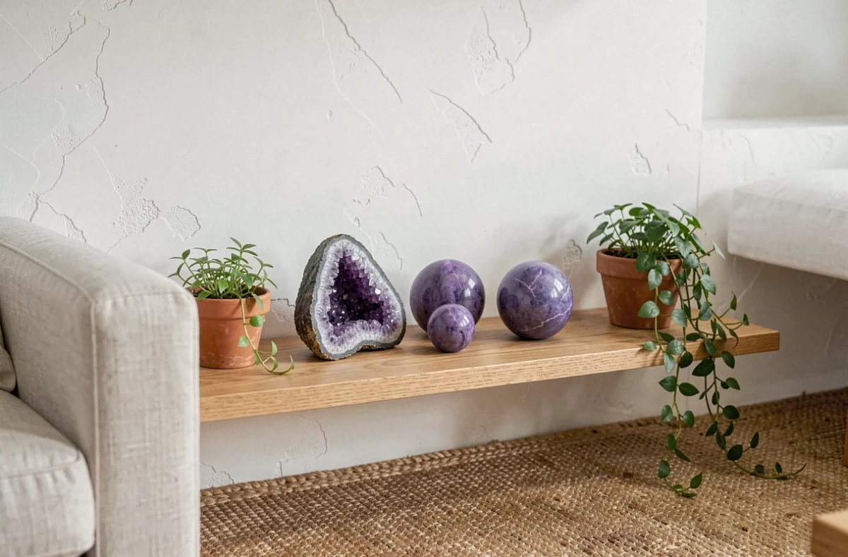 Pierre violette améthyste disposée en décoration feng shui sur une étagère en bois dans un salon minimaliste