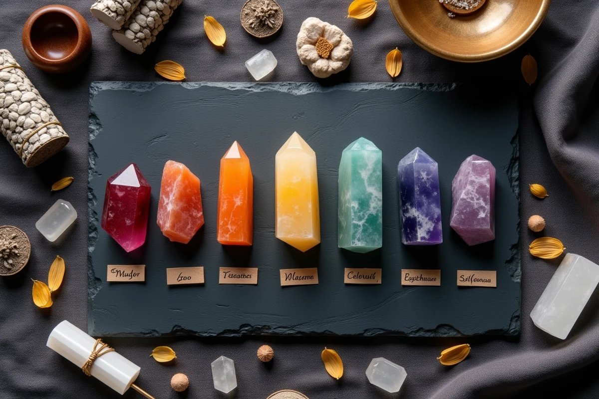 Vue du dessus d'une collection de sept pierres de chakra alignées avec des outils de purification comme la sauge blanche et un bol chantant