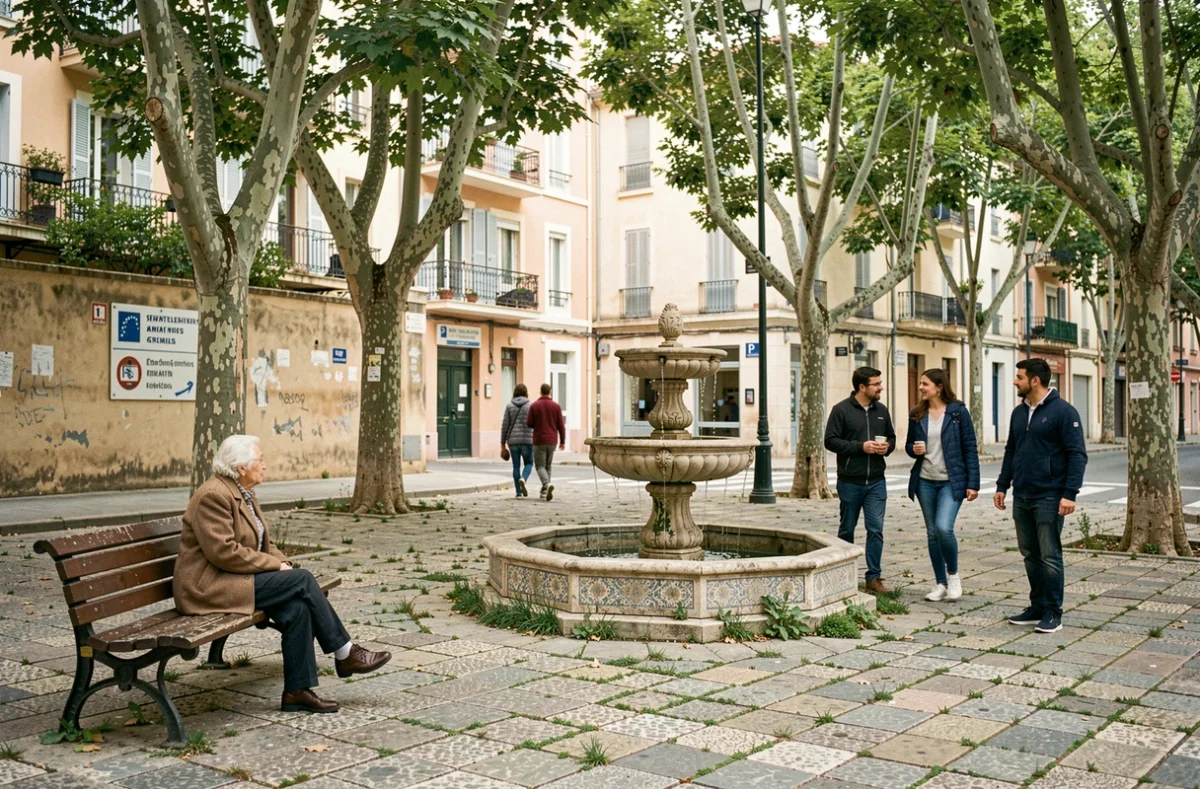 Place de quartier dans les quartiers nord de Marseille avec des habitants de différentes générations illustrant la vie communautaire et l'évolution démographique