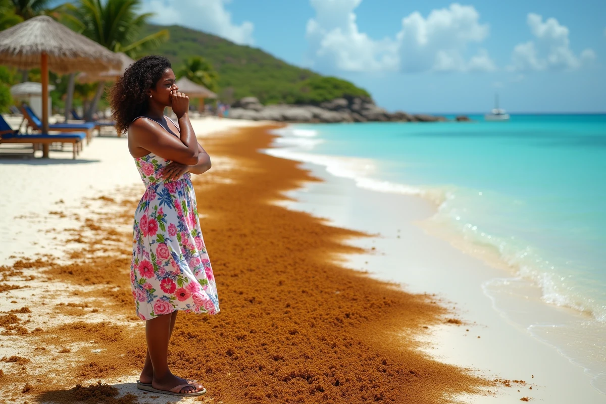 Une femme guadeloupéenne sur une plage envahie par les sargasses, les chaises longues vides illustrant l'impact touristique des algues