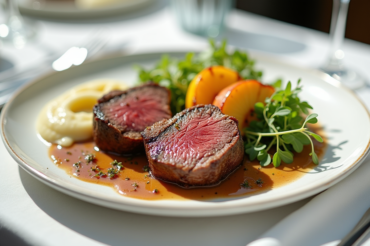 Assiette gourmande de côte de boeuf avec pommes truffees et pêches grillées