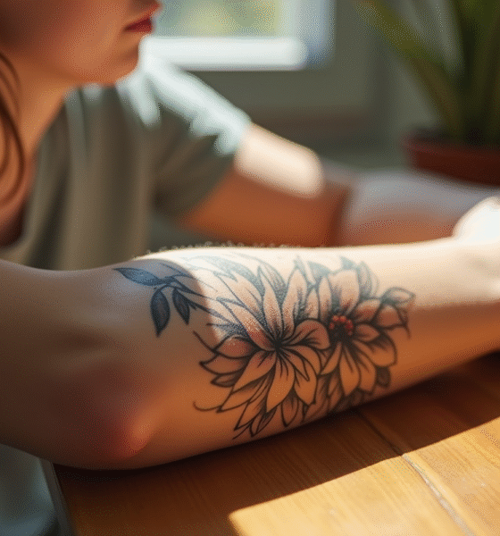 Poignet d'une femme avec tatouage de fleur en focus