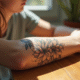 Poignet d'une femme avec tatouage de fleur en focus