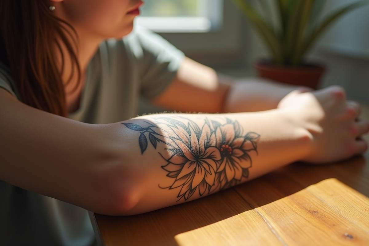 Poignet d'une femme avec tatouage de fleur en focus