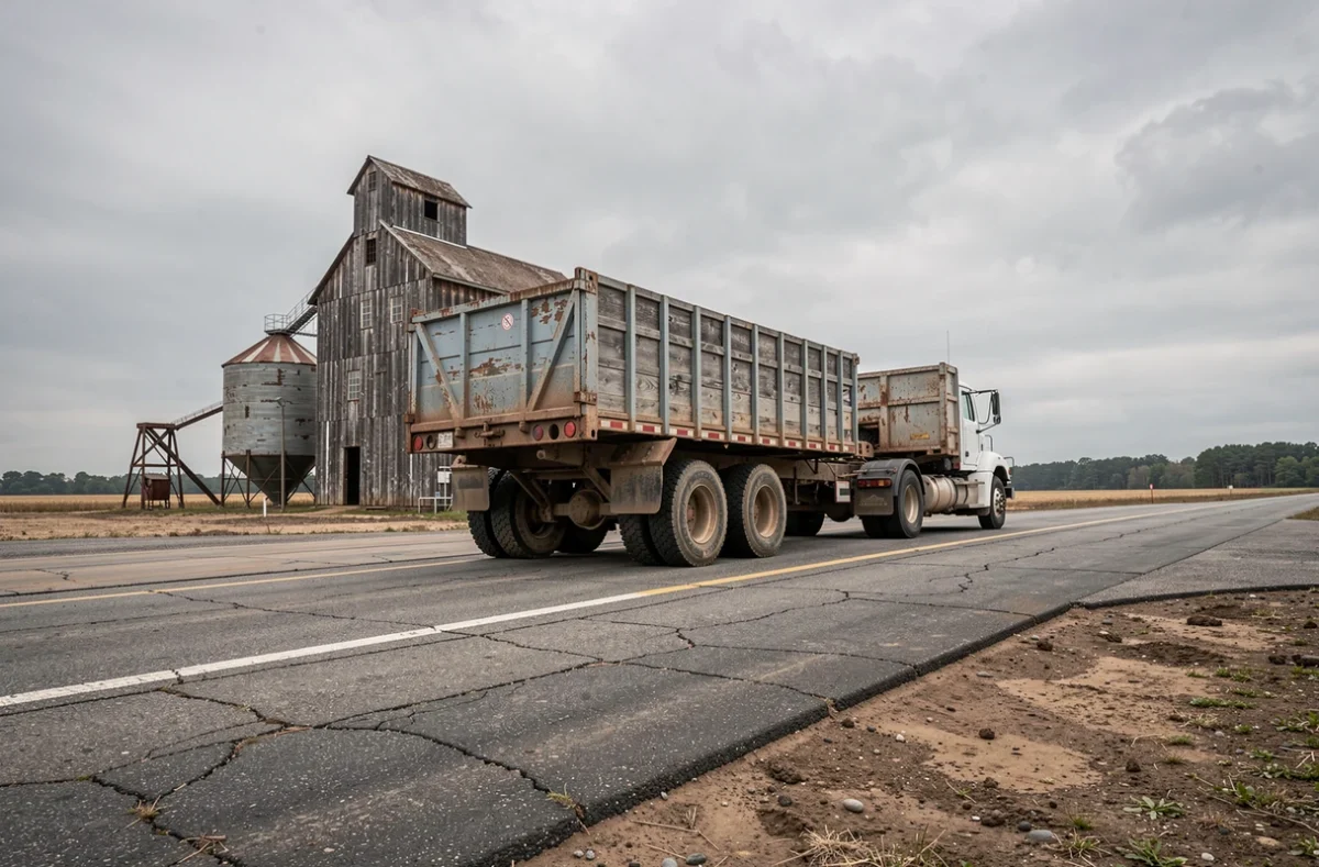 Pont-bascule agricole extérieur avec camion chargé illustrant la mesure en tonnes dans un contexte industriel rural