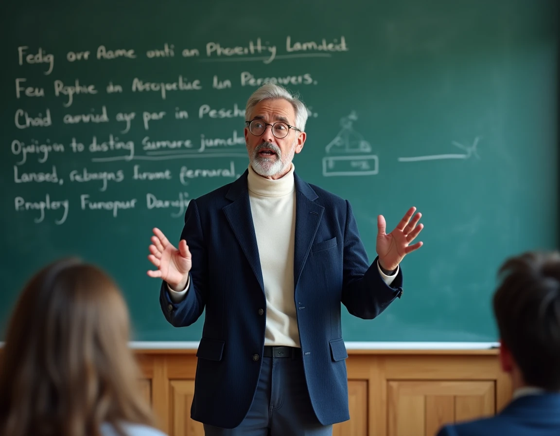 Professeur de français récitant un poème d'hiver devant ses élèves au tableau rempli de vers