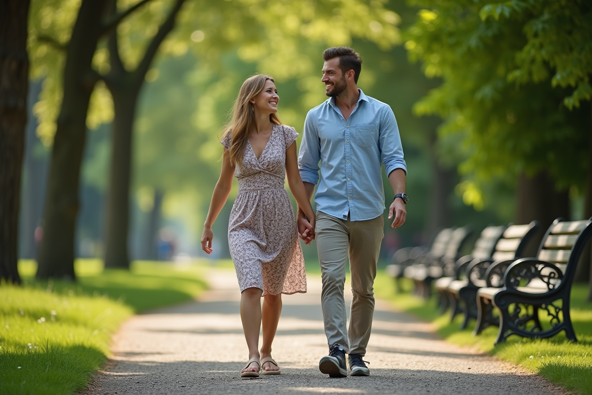 Deux personnes riant en se promenant dans un parc calme