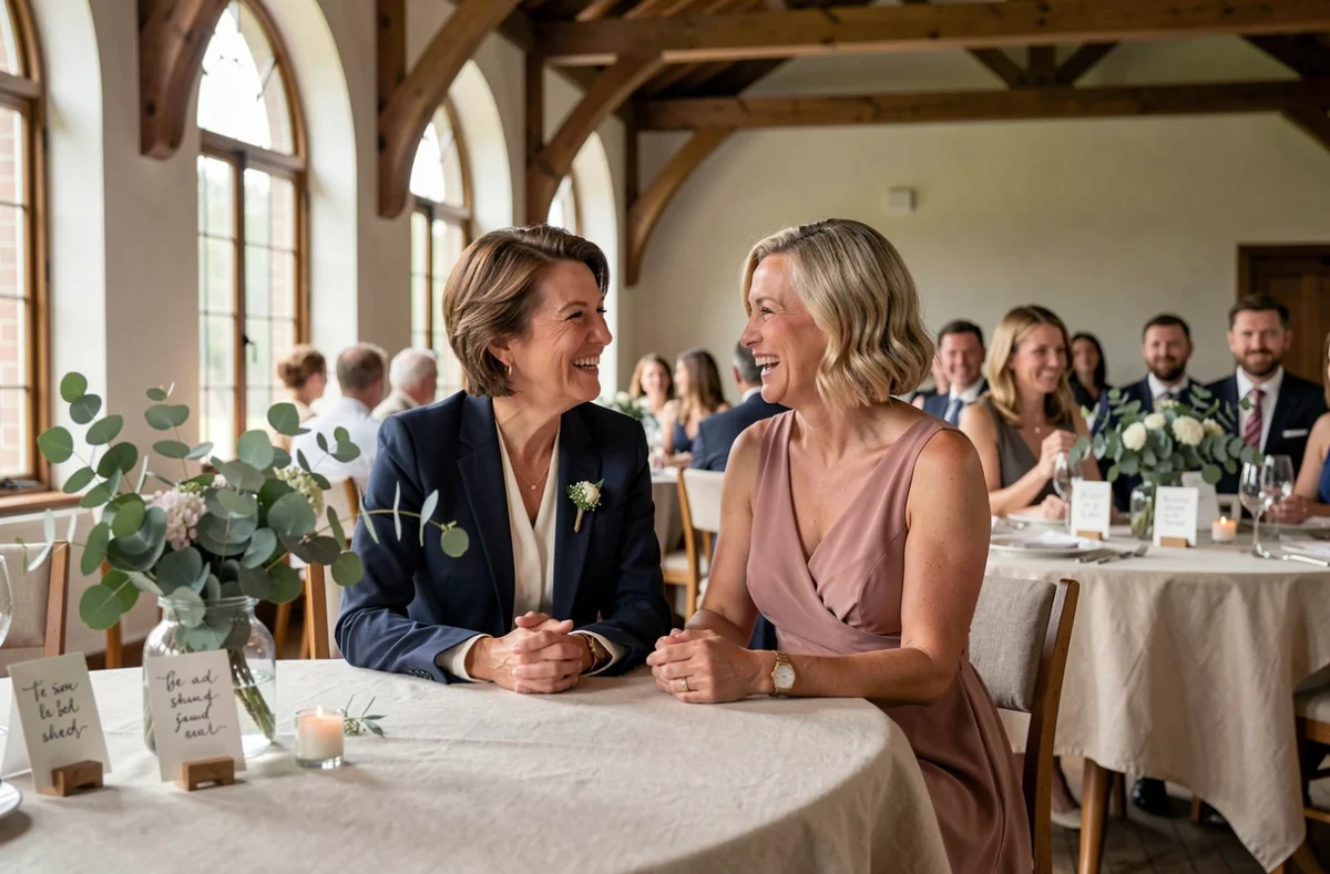 Deux femmes élégantes riant ensemble autour d'une table décorée de citations de proverbes lors d'un mariage civil