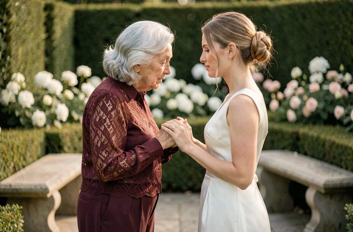 Une femme âgée transmettant un proverbe de sagesse à une jeune mariée dans un jardin élégant lors d'une cérémonie de mariage