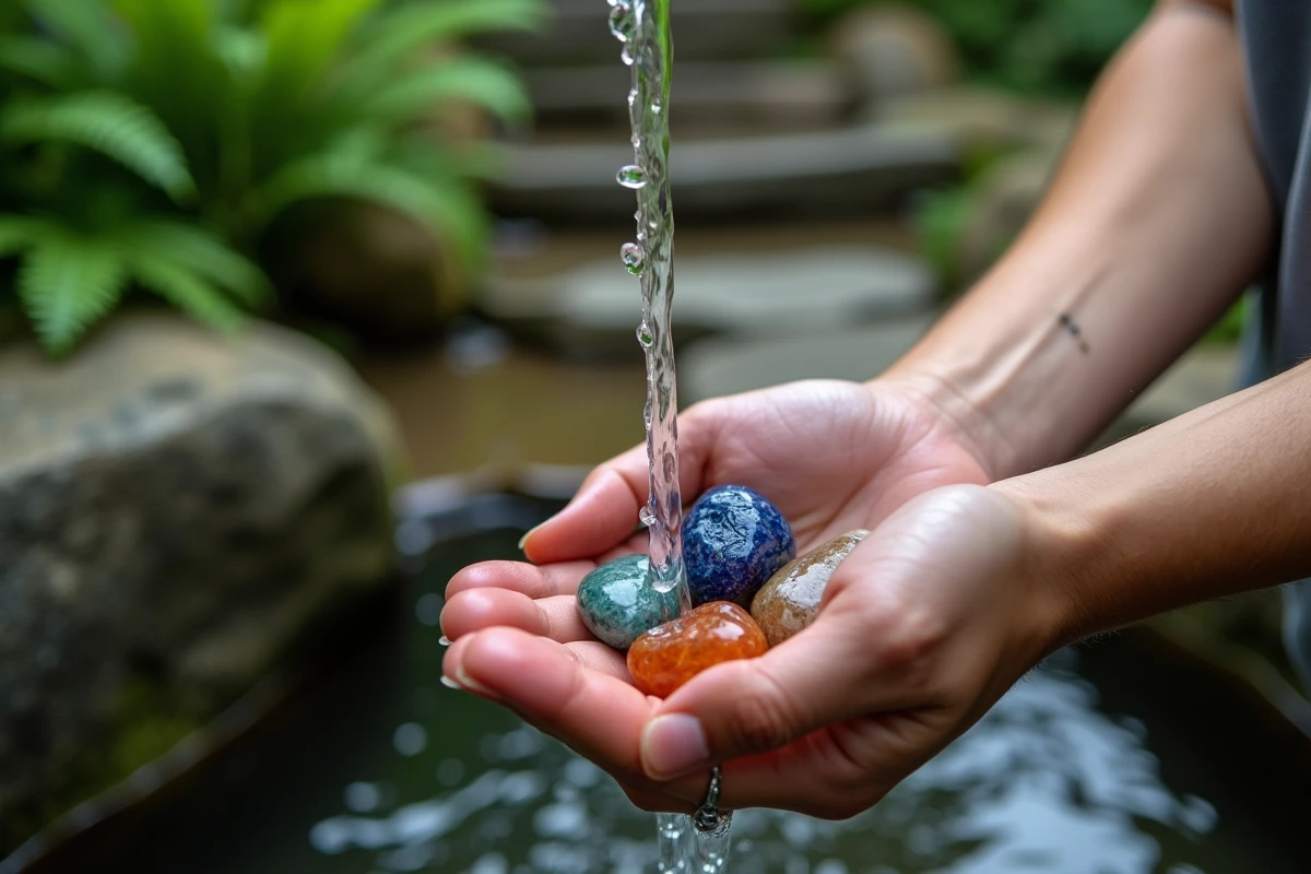 Mains tenant des pierres de chakra sous un filet d'eau dans un jardin naturel pour un rituel de purification