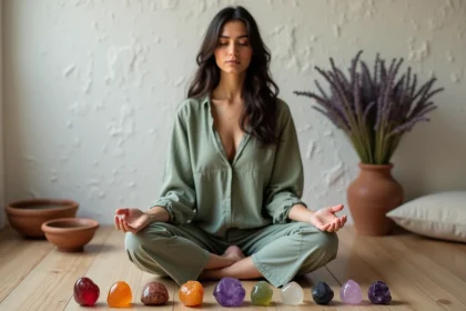 Femme purифiant des pierres de chakra colorées disposées en rang sur un plancher en bois dans un espace de méditation zen