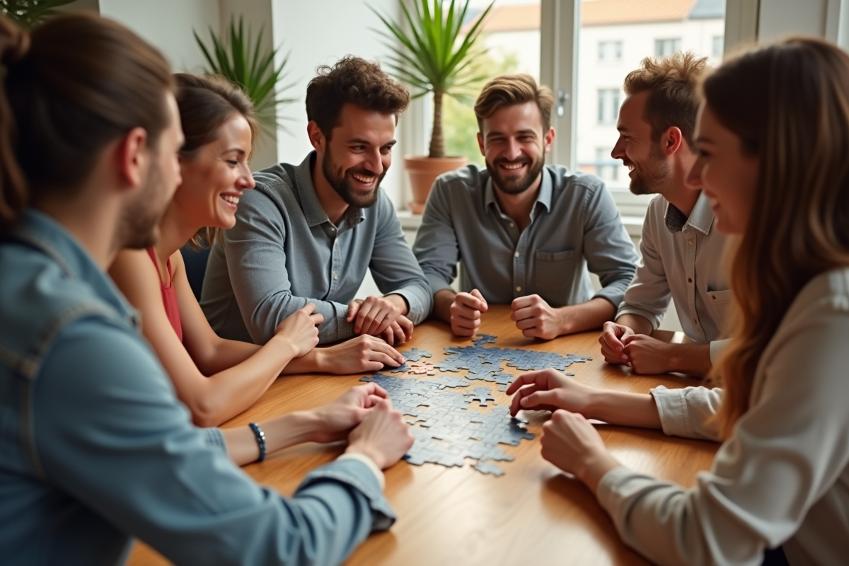 Groupe de personnes assemblant des pièces de puzzle en équipe