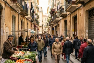 Rue animée des quartiers nord de Marseille avec façades haussmanniennes et marché de rue illustrant la densité de population locale