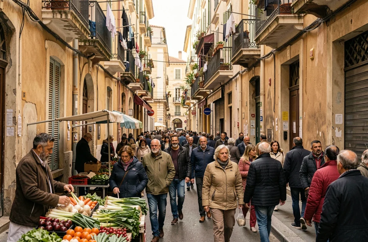 Rue animée des quartiers nord de Marseille avec façades haussmanniennes et marché de rue illustrant la densité de population locale