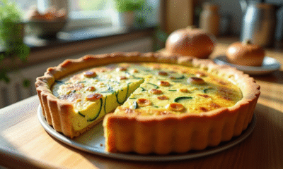 Quiche courgette fraîche sur plan de travail en bois