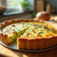 Quiche courgette fraîche sur plan de travail en bois