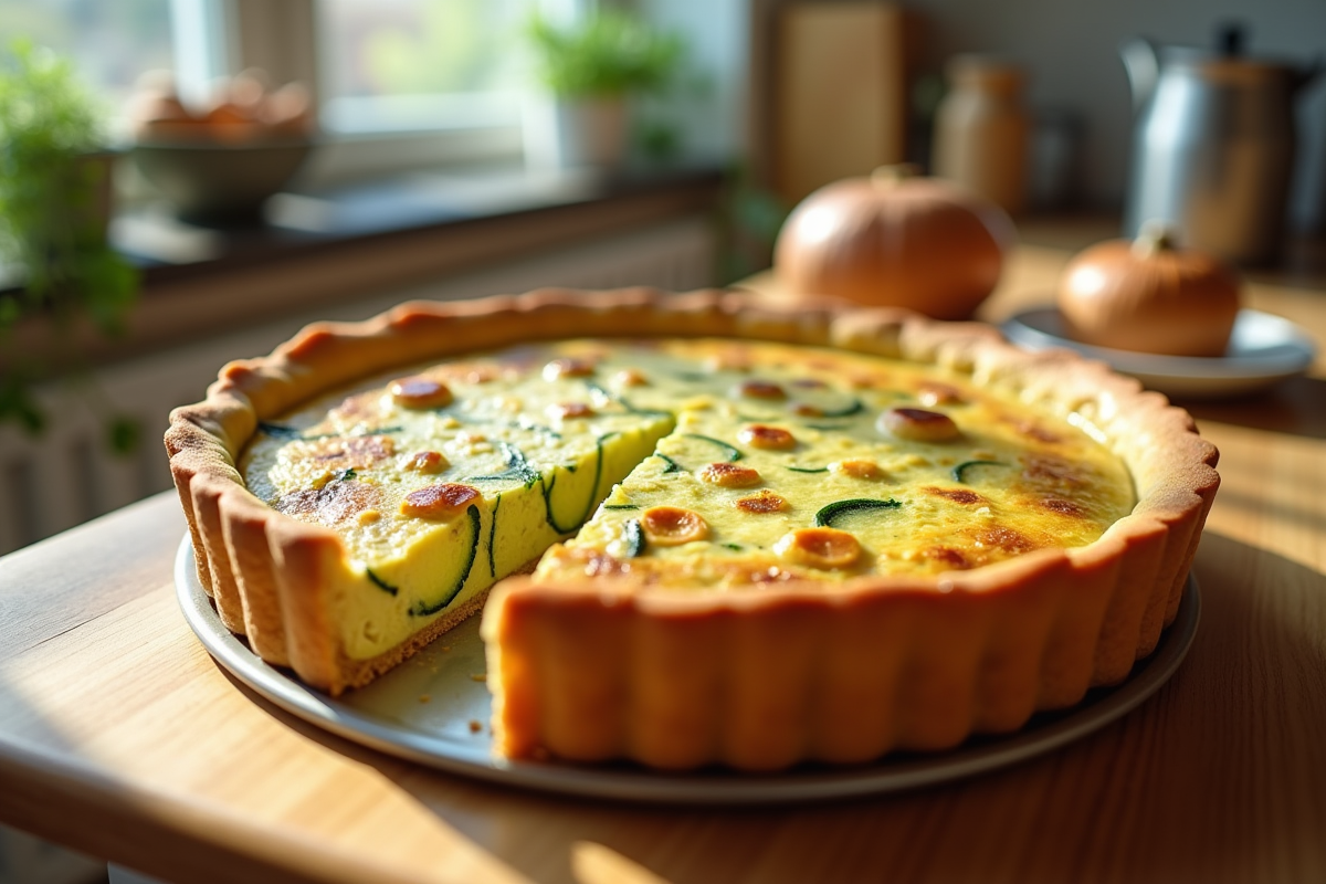 Quiche courgette fraîche sur plan de travail en bois