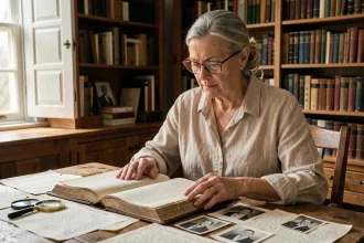 Femme consultant un livre de généalogie familiale avec des documents historiques manuscrits sur une table en bois