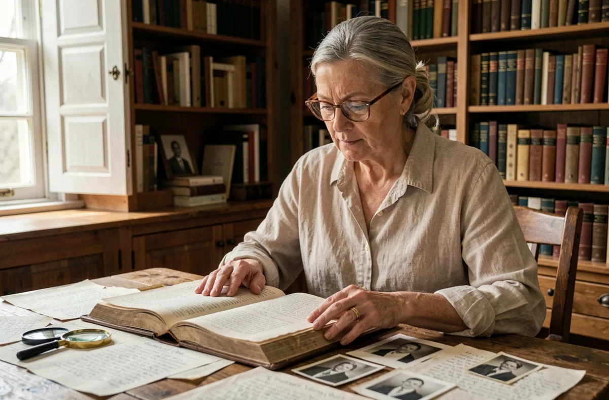 Femme consultant un livre de généalogie familiale avec des documents historiques manuscrits sur une table en bois