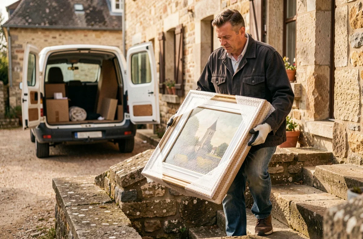 Déménageur indépendant Rembon Joël transportant un tableau emballé dans une ferme
