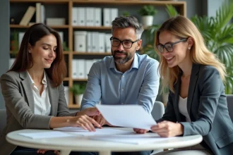 Trois professionnels en réunion dans un bureau moderne