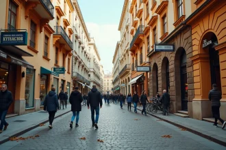 Rue pavée animée de Belgrade en Serbie avec façades historiques et enseignes cyrilliques, illustration de villes serbes en mots croisés