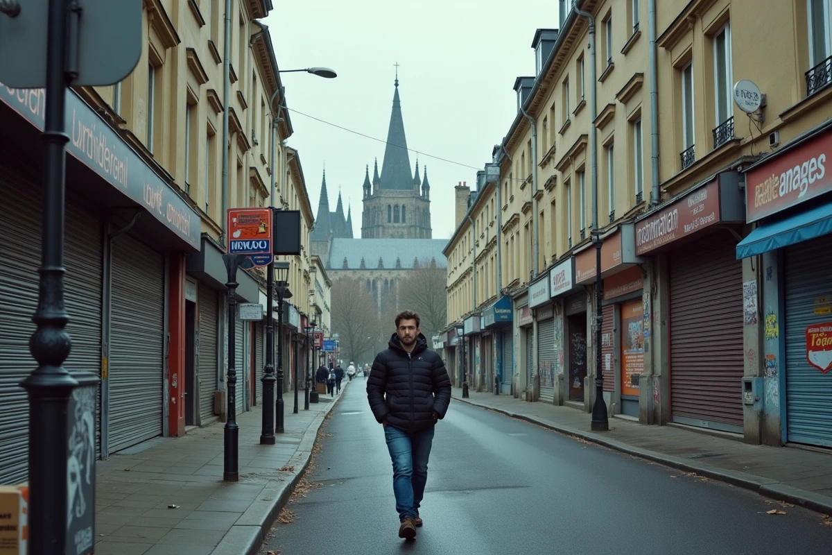 Rue de Saint-Denis avec la basilique gothique en arrière-plan et des commerces aux rideaux métalliques fermés