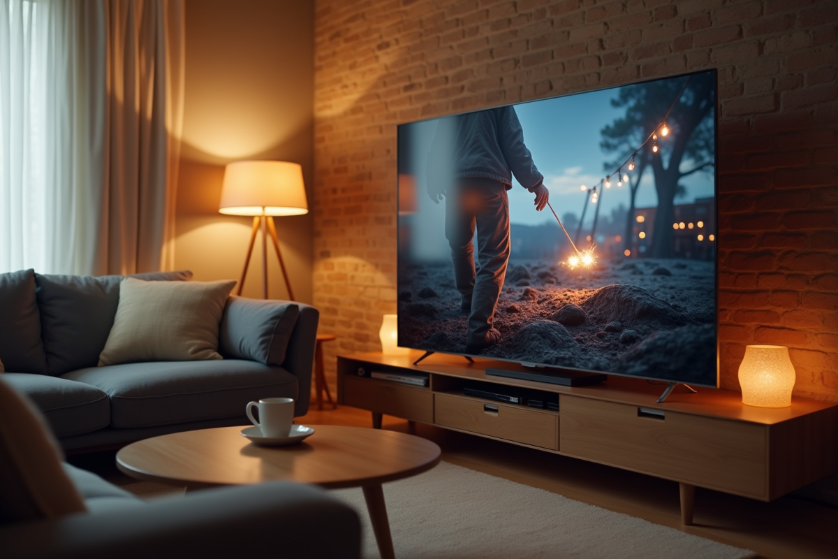Salon chaleureux avec télévision diffusant du contenu en streaming