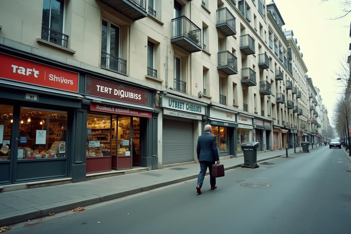 Avenue commerciale de Sarcelles avec des commerces ethniques au pied de grandes tours en béton gris