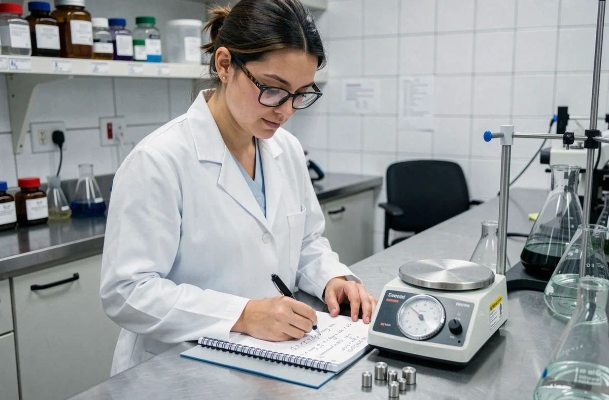 Scientifique notant une formule de conversion kilogrammes en tonnes dans un laboratoire avec une balance de précision