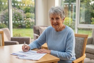 Senior souriant tenant des documents de santé en résidence