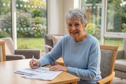 Senior souriant tenant des documents de santé en résidence