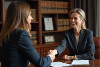 Femme d affaires serrant la main de son avocat dans un bureau élégant