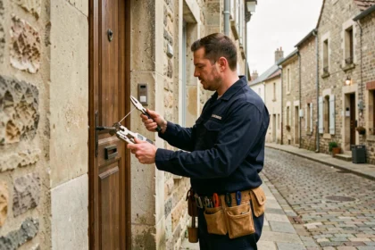 Serrurier professionnel en intervention devant une maison en pierre traditionnelle en Loire-Atlantique