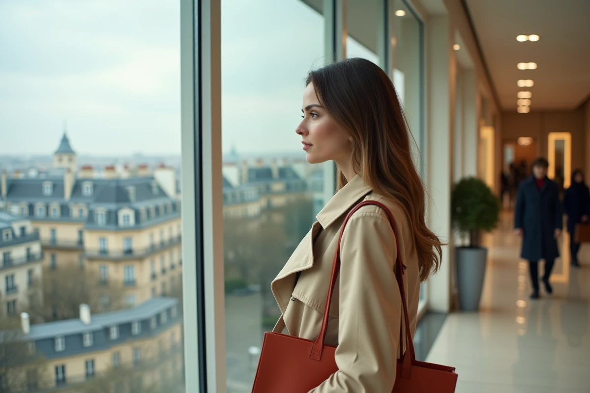 Femme faisant du shopping au centre commercial Montparnasse avec vue panoramique sur les toits de Paris