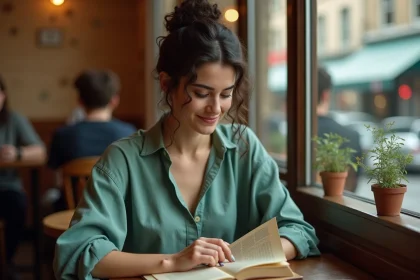 Femme lisant un livre d'astrologie sur le signe du Cancer dans un café parisien, illustrant le signe astrologique du 12 juillet