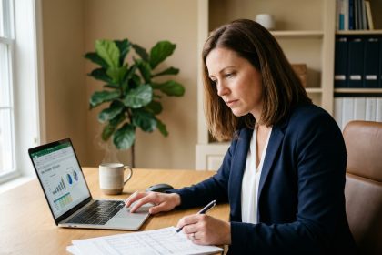 Femme travaillant sur un ordinateur en bureau moderne
