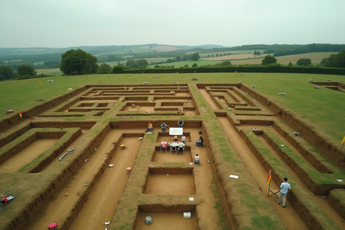 Vue d'ensemble du site de fouilles archéologiques d'Alésia avec réseau de tranchées et chercheurs étudiant des plans de terrain
