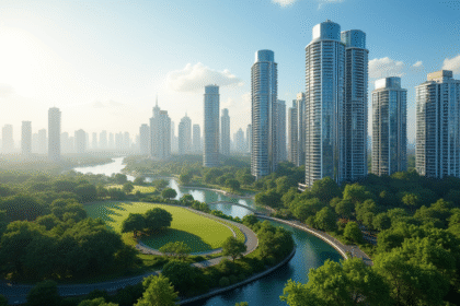 Vue d'une skyline moderne avec immeubles de luxe et parcs verts