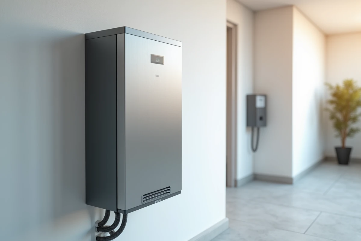Système de stockage d'énergie domestique installé sur un mur intérieur dans une maison moderne équipée de technologies énergétiques avancées