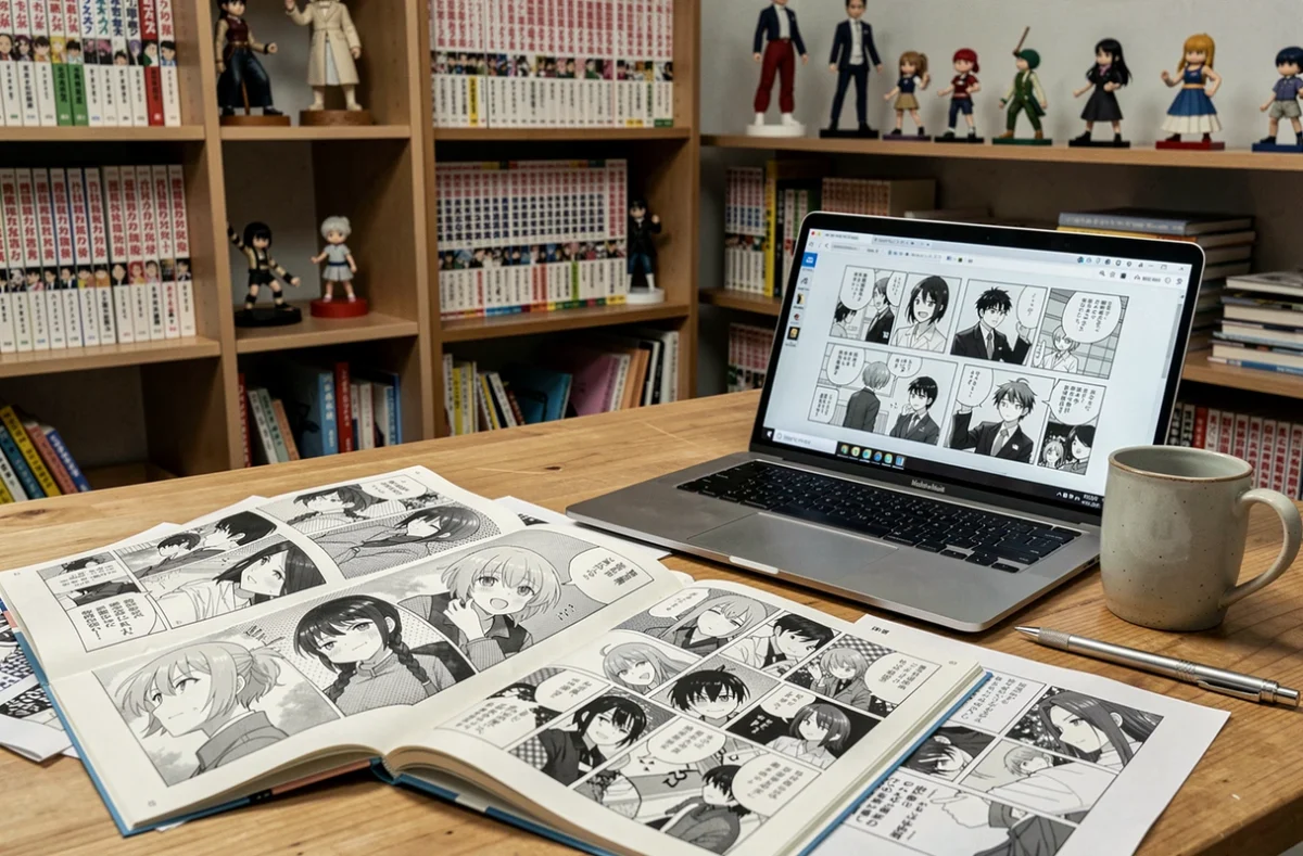 Bureau de studio d'animation avec des planches de production et des volumes manga pour une adaptation anime prévue en 2026
