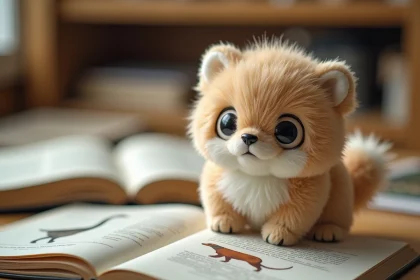 Gros plan sur le plush Tchoupie mettant en valeur les détails anatomiques de son corps : fourrure, yeux et morphologie animale