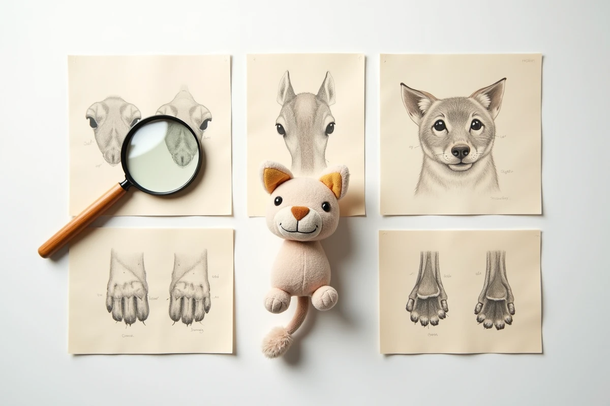 Vue à plat de Tchoupie entouré de schémas anatomiques d'animaux pour identifier les caractéristiques de son corps